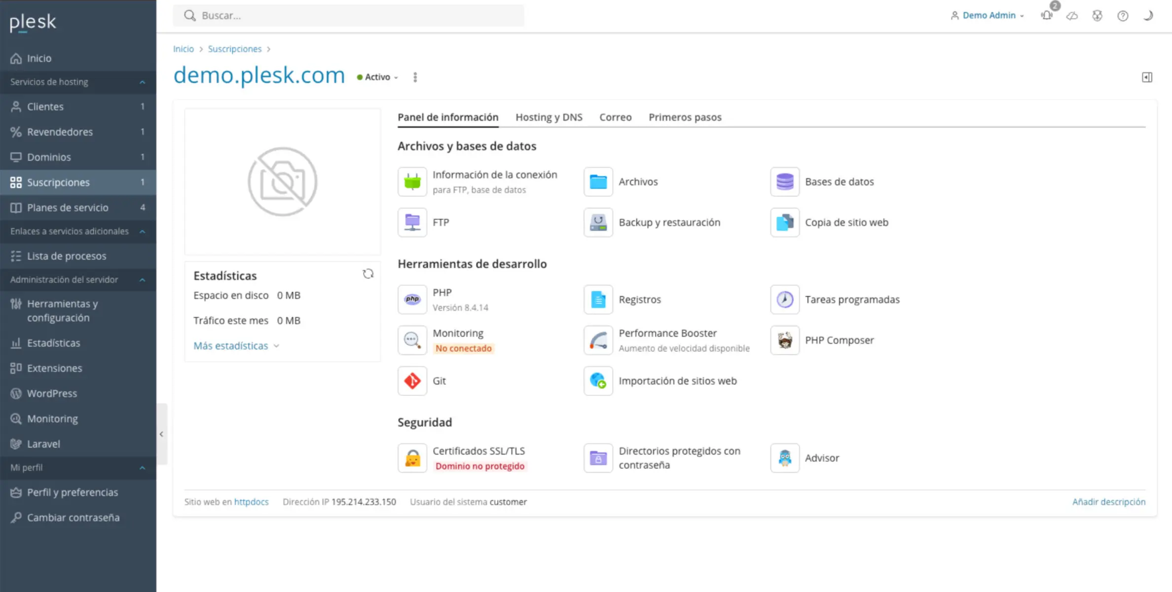 Panel de control Plesk